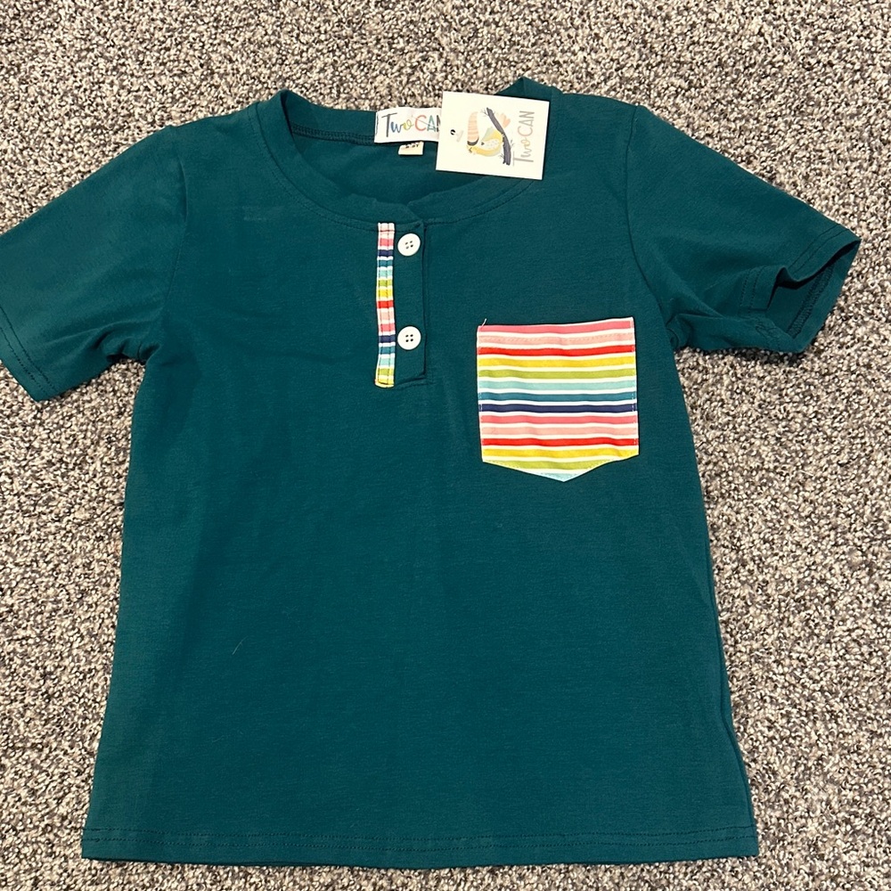 Kids Teal Shirt with Rainbow Pocket by